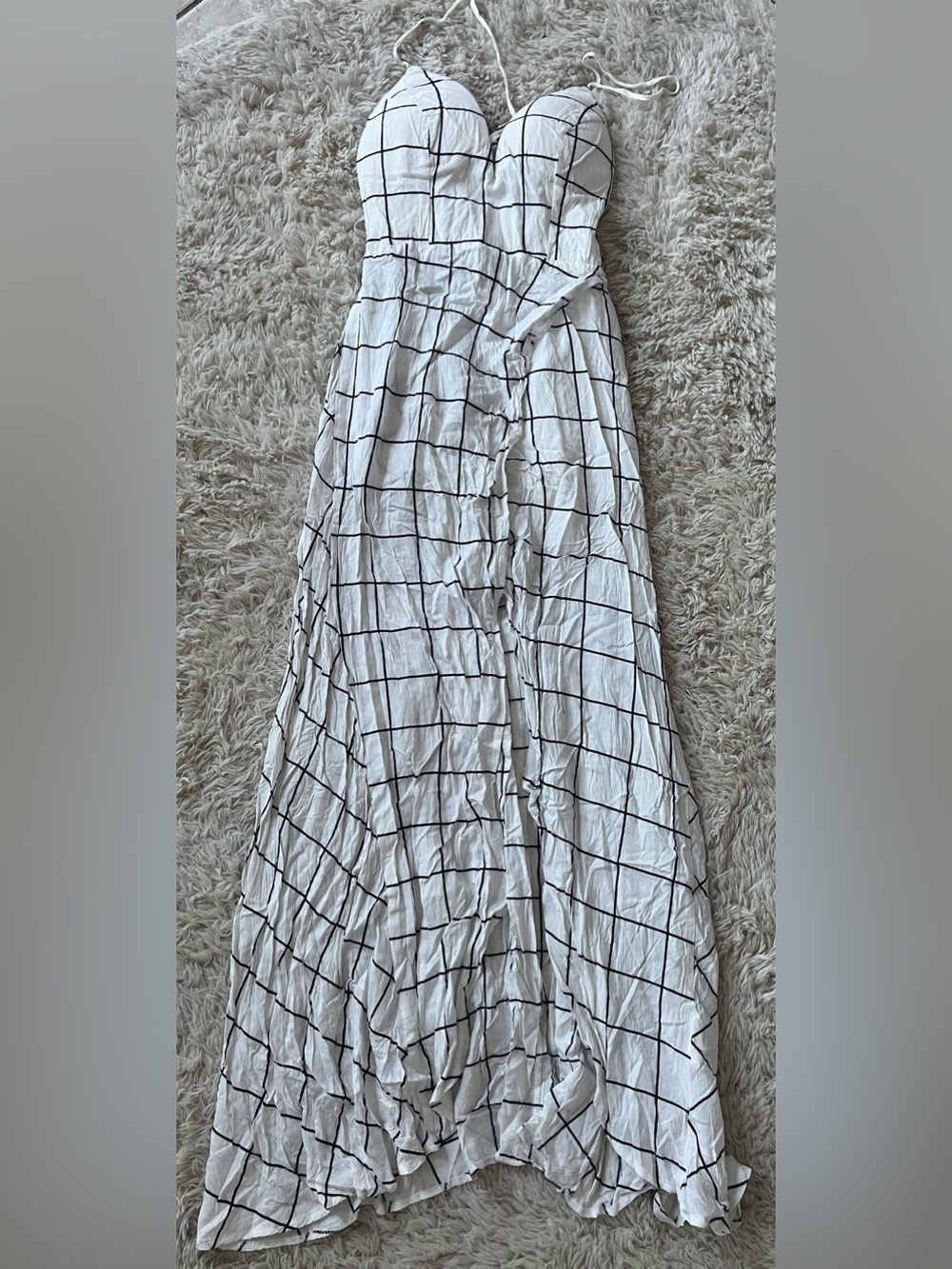 Selfie Leslie White Strapless Maxi Dress with Black Grid